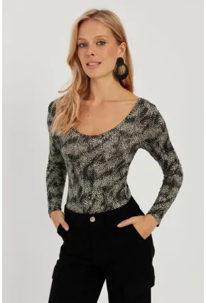 Kadın Siyah-Ekru Ön Arka U Desenli Bluz LPP1266
