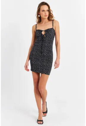 Kadın Siyah-Ekru Pencereli Puantiyeli Mini Elbise EY3070