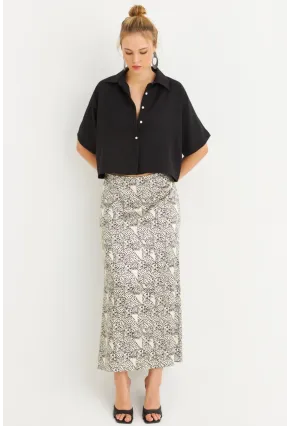 Kadın Siyah-Ekru Saten Midi Etek FİR1970