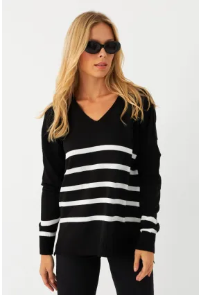 Kadın Siyah-Ekru V Yaka Çizgili Triko Kazak MYİL550