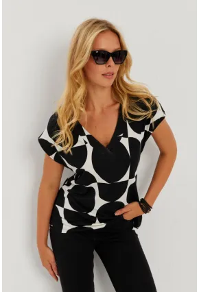 Kadın Siyah-Ekru V Yaka Desenli Bluz AYD293