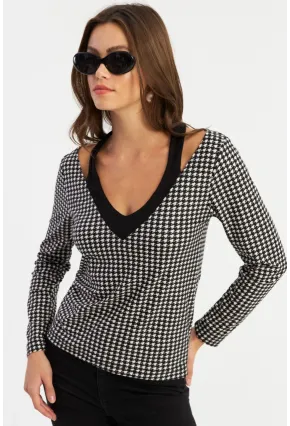 Kadın Siyah-Ekru V Yaka Kazayağı Bluz EY2940