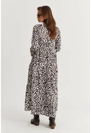 Kadın Siyah-Ekru Volanlı Desenli Maxi Elbise YLE14