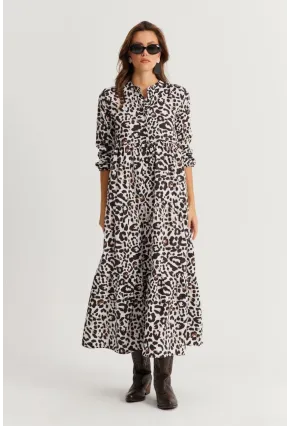 Kadın Siyah-Ekru Volanlı Desenli Maxi Elbise YLE14