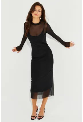 Kadın Siyah Eldivenli İkili Midi Tül Elbise MEN2006