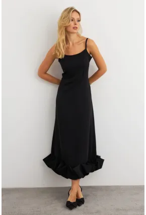 Kadın Siyah Eteği Fırfırlı Şık Maxi Elbise FRY2266