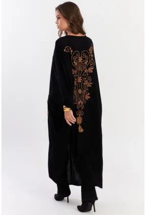 Kadın Siyah Etnik Desenli Maxi Dokuma Elbise ALO318