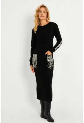Kadın Siyah Etnik Triko Midi Elbise RH03