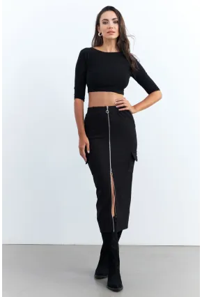 Kadın Siyah Fermuarlı Cepli Midi Etek ELT3999