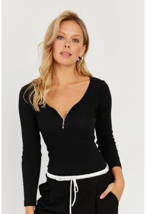 Kadın Siyah Fermuarlı Kaşkorse Bluz EY2713