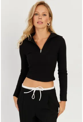 Kadın Siyah Fermuarlı Kısa Bluz CY336