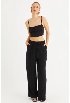 Kadın Siyah Fermuarlı Palazzo Pantolon MON143