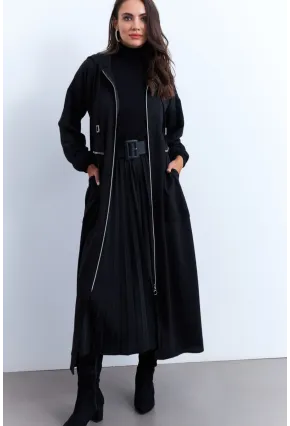Kadın Siyah Fermuarlı Taşlı Sweat Elbise MASF21