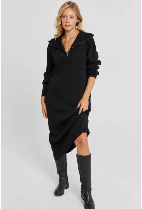 Kadın Siyah Fermuarlı Triko Maxi Elbise SF2525