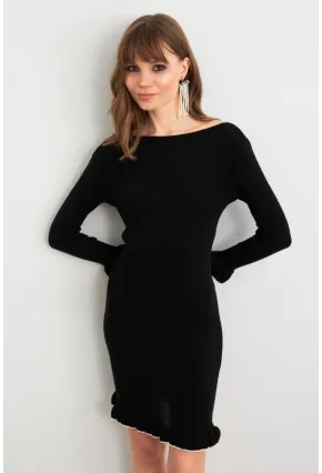 Kadın Siyah Fırfırlı Basic Triko Midi Elbise SF2559