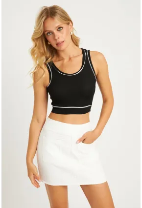 Kadın Siyah Fitilli Crop Bluz CG359