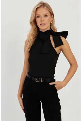 Kadın Siyah Fiyonklu Crop Bluz EY2726