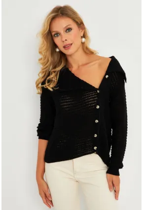 Kadın Siyah Geniş Yakalı Triko Hırka MİW4571