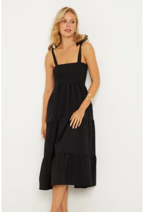 Kadın Siyah Gipeli Volanlı Midi Elbise SGT407