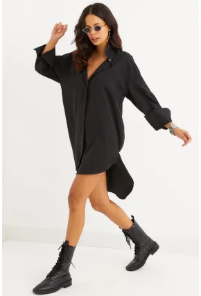 Kadın Siyah Gizli Düğmeli Tunik Gömlek Elbise SF1292