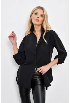 Kadın Siyah Gizli Düğmeli Uzun Gömlek SF2001