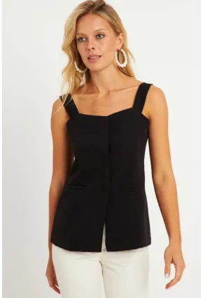 Kadın Siyah Gizli Düğmeli Yelek TW60236