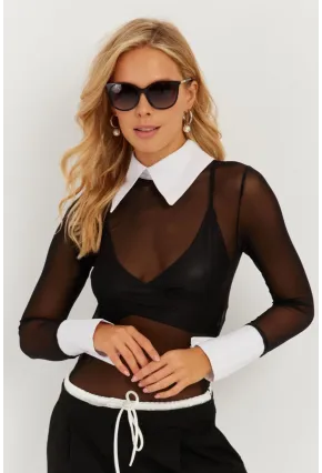 Kadın Siyah Gömlek Yaka Tül Bluz MEN2033