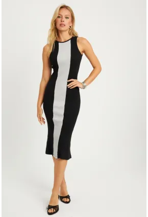 Kadın Siyah-Gri Kaşkorse Yırtmaçlı Midi Elbise XL2010