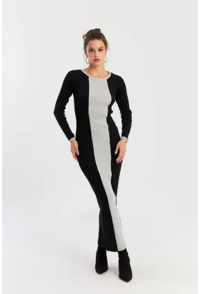 Kadın Siyah-Grı Renk Bloklu Kaşkorse Maxi Elbise XL403