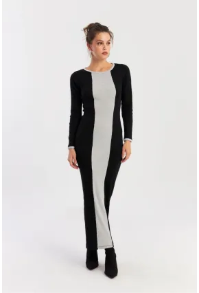 Kadın Siyah-Grı Renk Bloklu Kaşkorse Maxi Elbise XL403