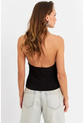 Kadın Siyah Gül Aksesuar Detaylı Crop Bluz ELT3923