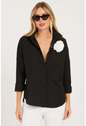 Kadın Siyah Gül Aksesuarlı Gömlek SF2540