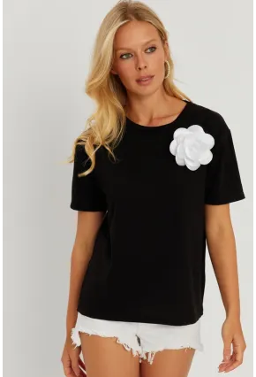 Kadın Siyah Gül Aksesuarlı T-Shirt SF12721