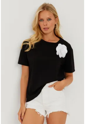 Kadın Siyah Gül Aksesuarlı T-Shirt SF12721