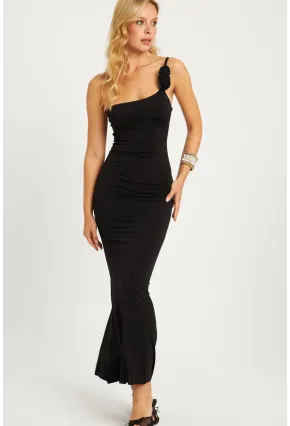 Kadın Siyah Gül Askılı Maxi Elbise MON132