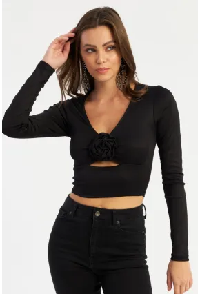 Kadın Siyah Gül Detaylı Pencereli Bluz AYD378
