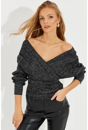 Kadın Siyah-Gümüş Kruvaze Simli Kazak KED125