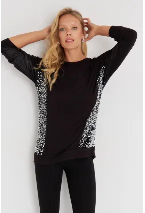Kadın Siyah-Gümüş Payetli Uzun Bluz ST3124
