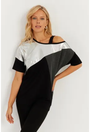Kadın Siyah-Gümüş Suni Deri Bloklu Bluz ST834