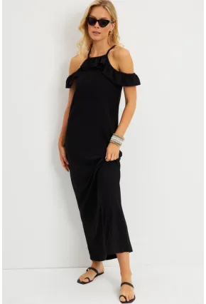 Kadın Siyah Halter Yaka Bürümcük Midi Elbise EY2789