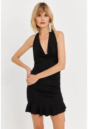 Kadın Siyah Halter Yaka Fırfırlı Mini Elbise DCF008