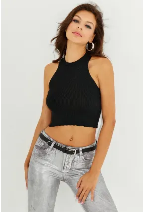 Kadın Siyah Halter Yaka Simli Crop Bluz KZ2202