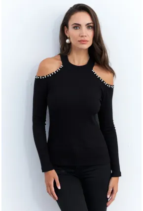 Kadın Siyah İnci Aksesuarlı Bluz RLO86