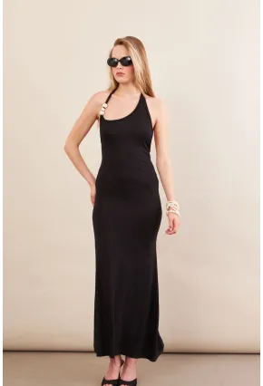 Kadın Siyah İnci Aksesuarlı Maxi Elbise EY3105