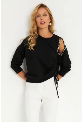 Kadın Siyah İnci Detaylı Büzgülü Sweatshirt RLO04