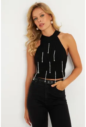 Kadın Siyah İnci Detaylı Triko Bluz KAZ005