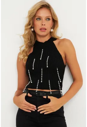 Kadın Siyah İnci Detaylı Triko Bluz KAZ005