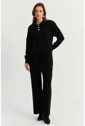 Kadın Siyah İnci Düğmeli Triko Alt Üst Takım NUV33