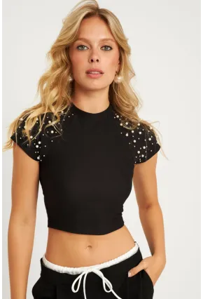 Kadın Siyah İncili Kısa Bluz HOL2112