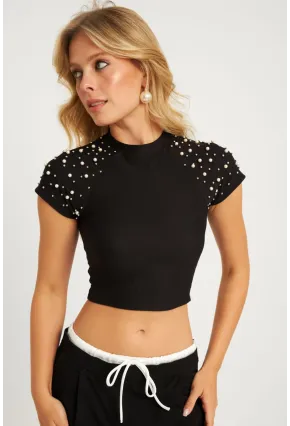 Kadın Siyah İncili Kısa Bluz HOL2112
